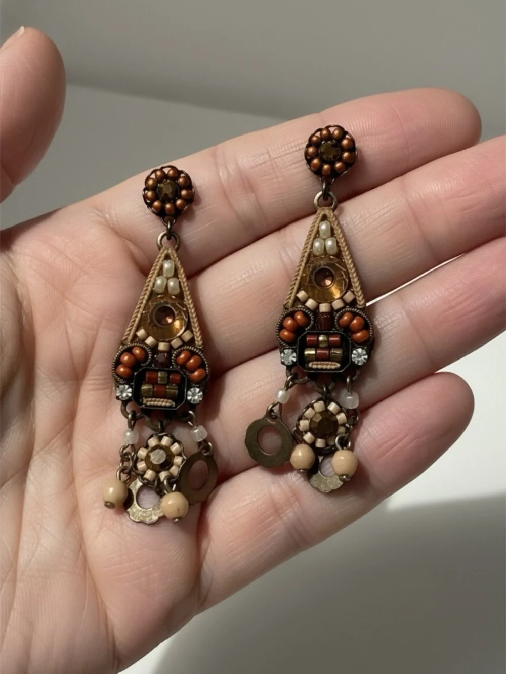 Ayala Bar Brown Dangle Earrings Mosaic and Rhinestone Earth Tones Boho Artisan - Picture 2 of 6